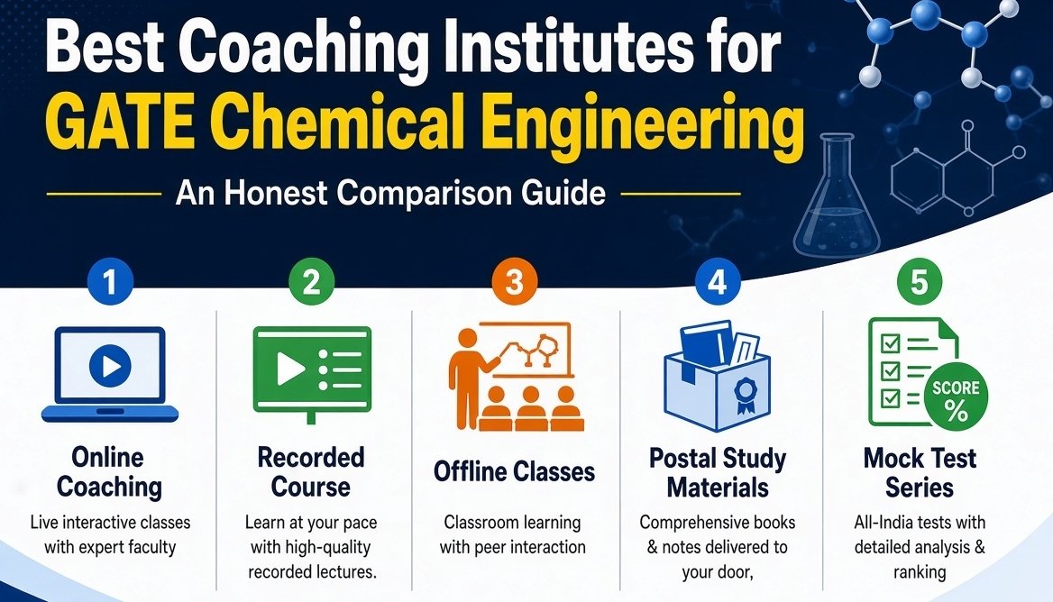 Students studying chemical engineering with textbooks and notes in a coaching classroom