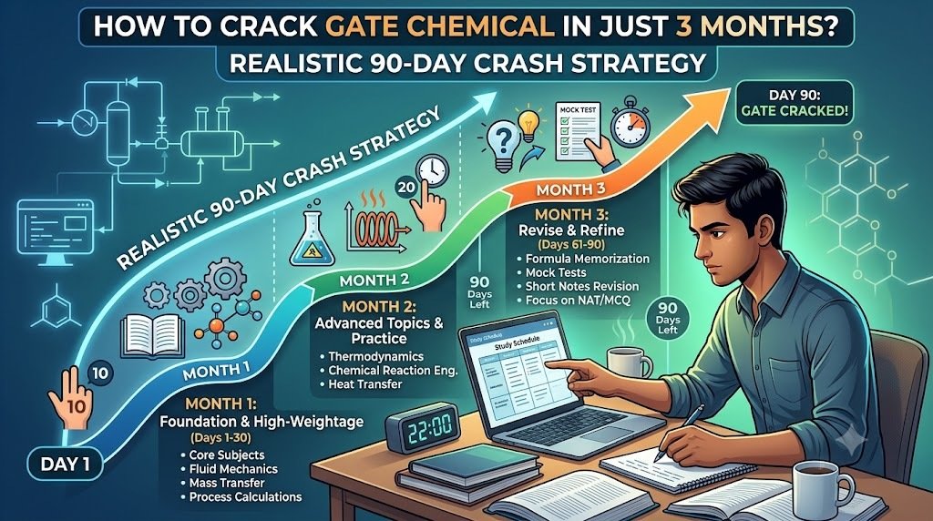 A realistic 90-day crash strategy graphic for cracking the GATE Chemical Engineering exam, featuring a study roadmap divided into three months alongside an Indian student planning at his desk.
