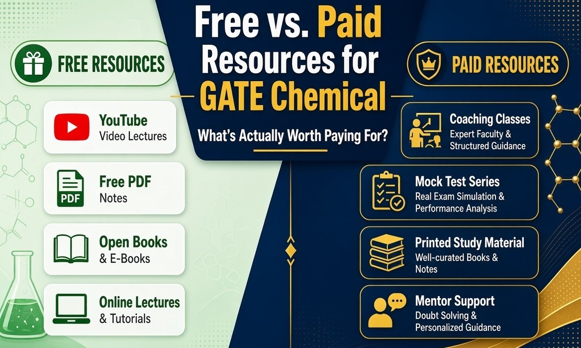 Students comparing free vs paid resources for GATE Chemical exam preparation at a desk
