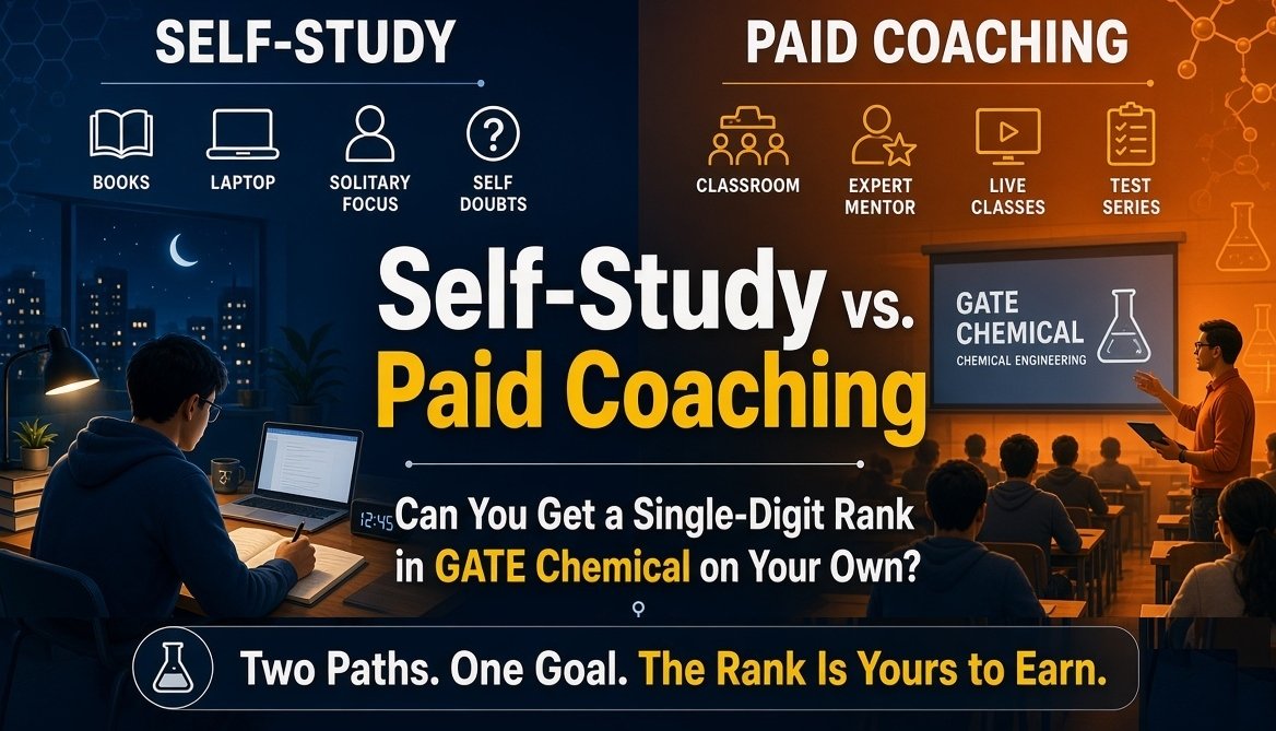 A student studying chemical engineering notes with textbooks and coaching materials comparing self study vs coaching for